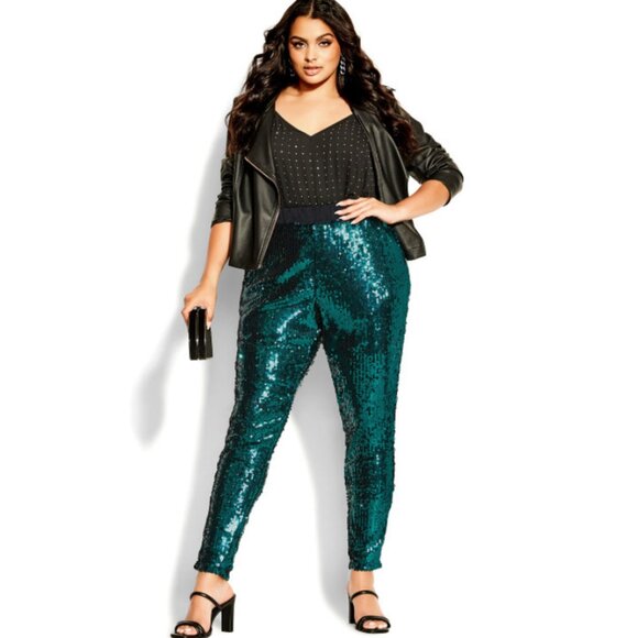 NWT City Chic Emerald Sequin High Rise Party Pants 18 - Picture 5 of 10